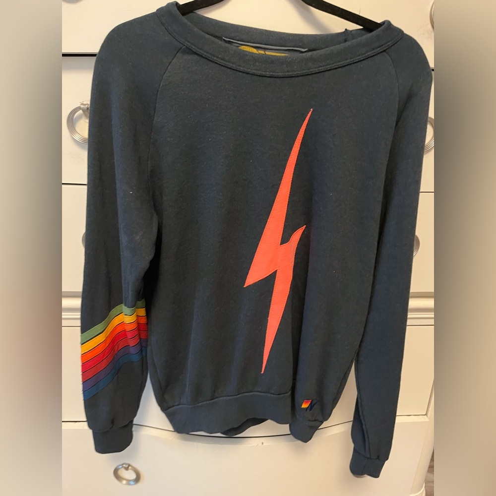 Aviator Nation black Sweatshirt with Lightning Bolt and Rainbow Stripes